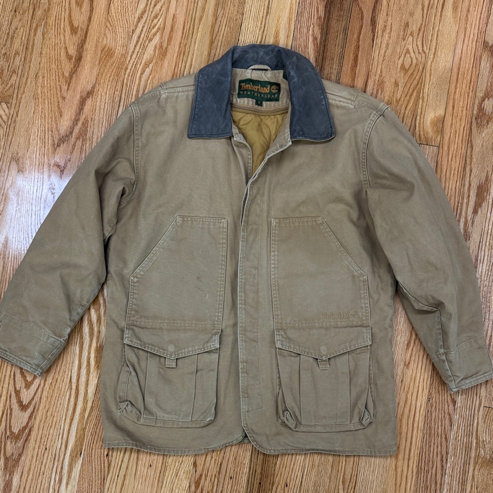 Vintage Timberland Y2K Distressed Men's Khaki 3 in 1 Chore Jacket Leather Collar